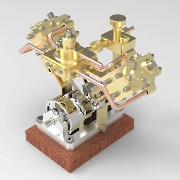 【发动机电机】V-SHAPED双动式蒸汽机模型3D图纸 Solidworks设计 附工程图