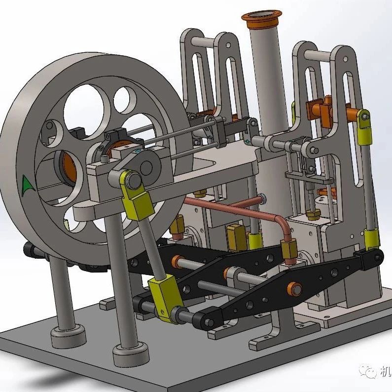 【发动机电机】双缸双面梁蒸汽机3D数模图纸 Solidworks设计 附工程图