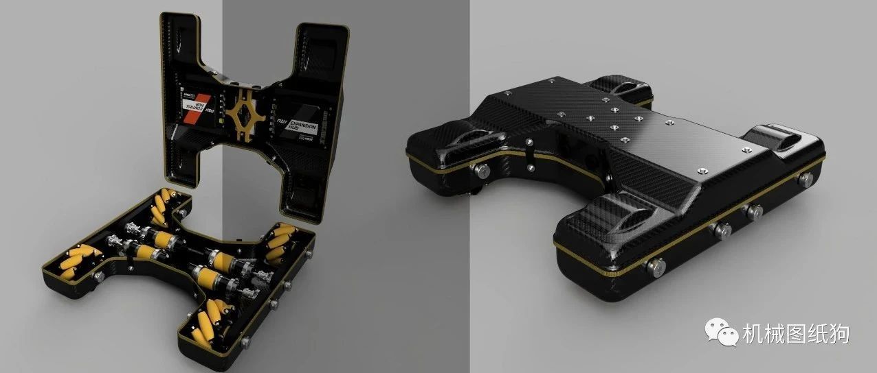 【其他车型】封闭式碳纤维底盘结构麦克纳姆轮小车3D图纸 STEP格式