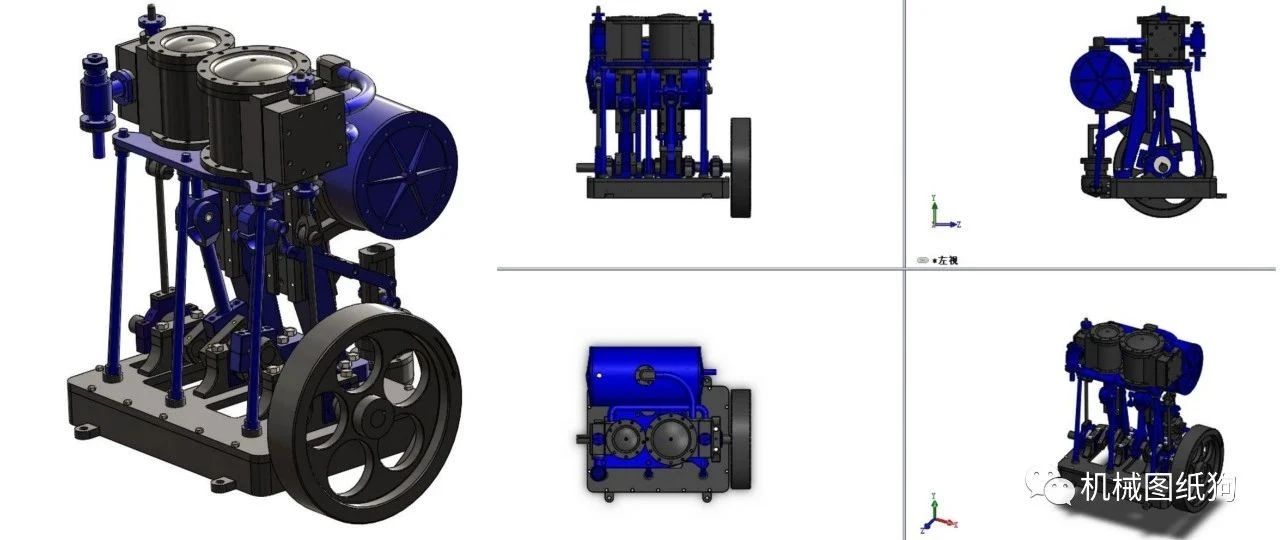 【发动机电机】2缸立式复合冷凝蒸汽机结构3D图纸 Solidworks设计