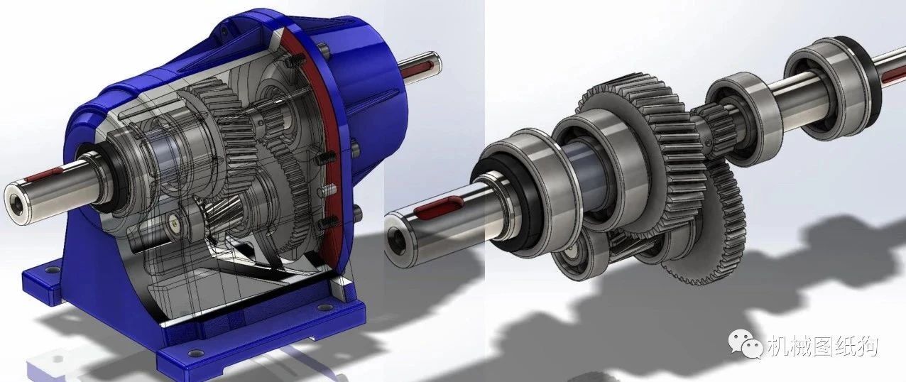【差减变速器】gearbox直齿轮斜齿轮传动箱3D图纸 Solidworks设计