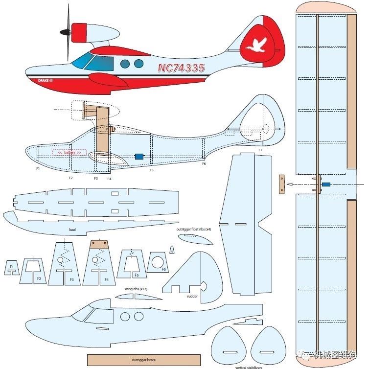 【发动机电机】NC74335水上飞机模型制作图纸 PDF格式