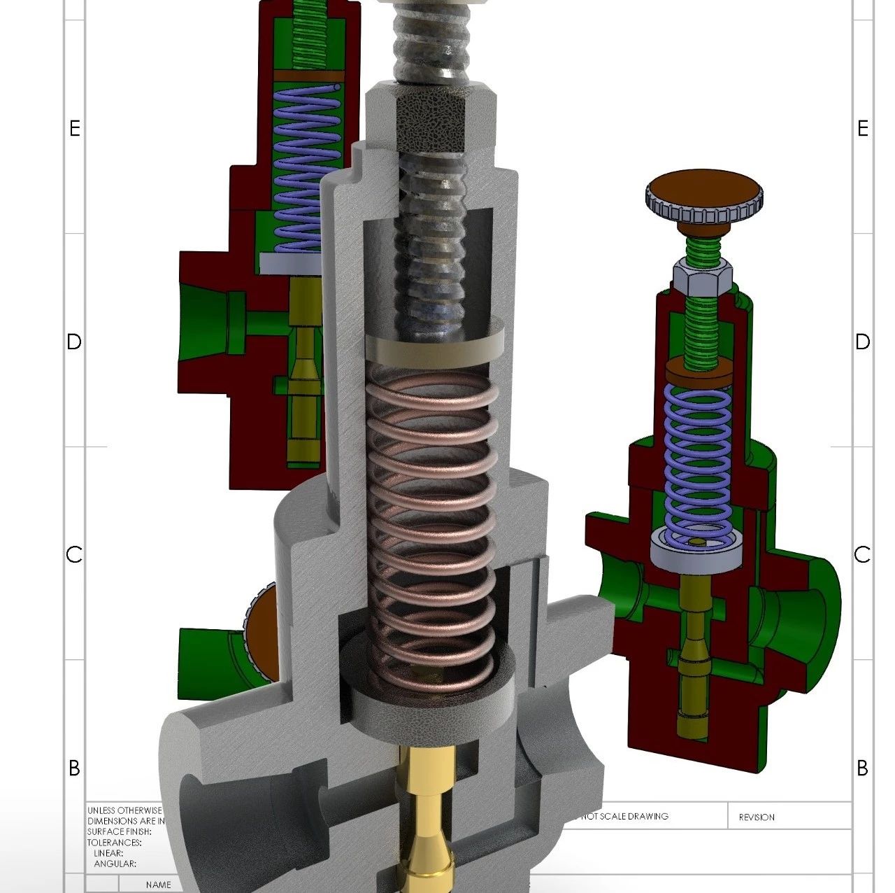【泵缸阀杆】弹簧式减压阀半剖结构3D图纸 Solidworks设计
