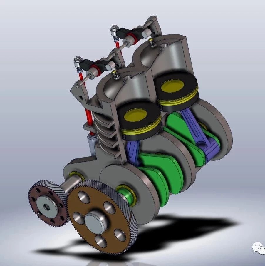 【发动机电机】双缸活塞发动机半剖演示结构3D图纸 Solidworks设计