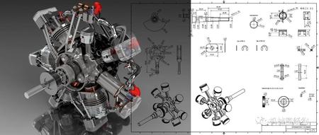 【发动机电机】详细的7缸星型发动机3D图纸 INVENTOR设计 附平面工程图