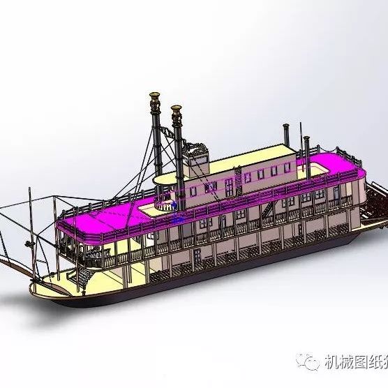 【海洋船舶】浆轮船3D模型图纸 SolidWorks设计 明轮船设计图