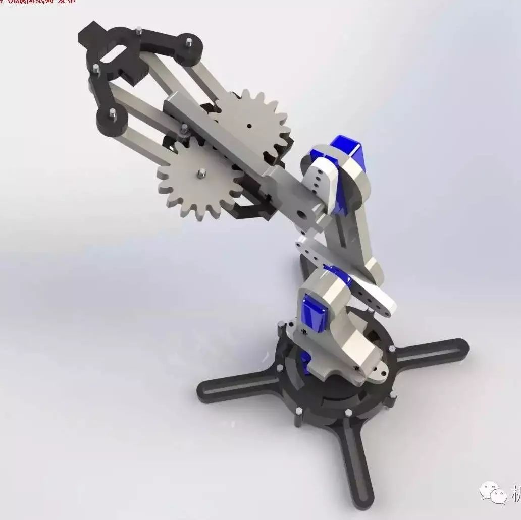 【机器人】简易3自由度4个伺服电机机械臂3D模型图纸 Solidworks设计