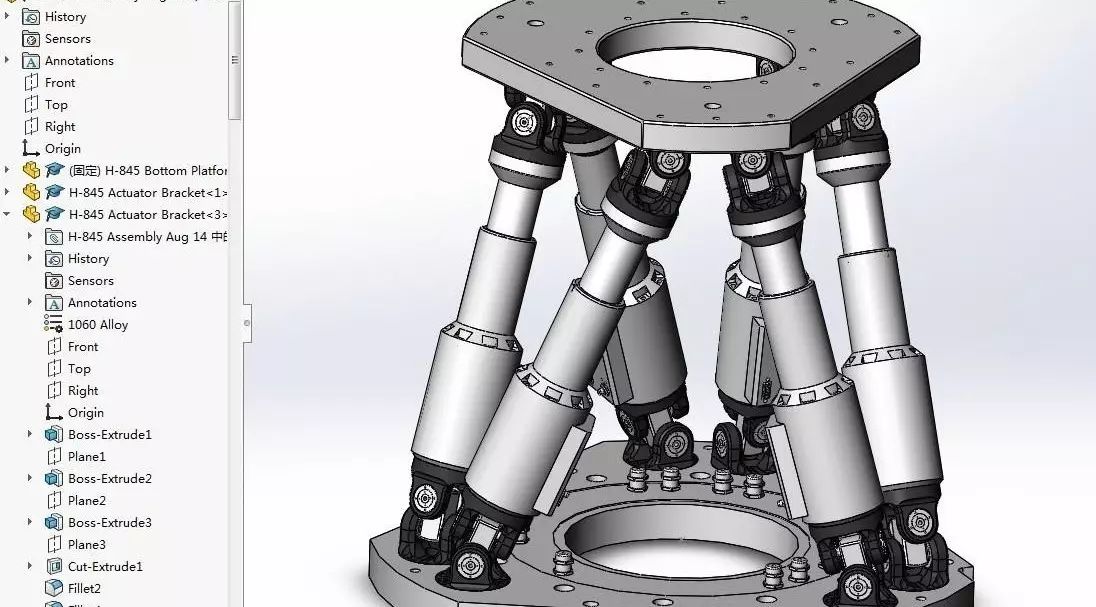【机器人】H-845六足Stewart平台并联机构3D模型图纸 Solidworks设计
