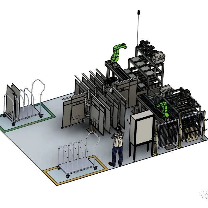 【工程机械】Sticker Cell Layout机器人生产线布局3D数模图纸 STEP格式