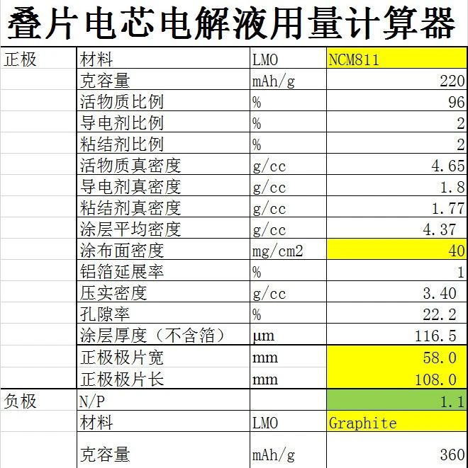 叠片电池电解液用量EXCEL计算器