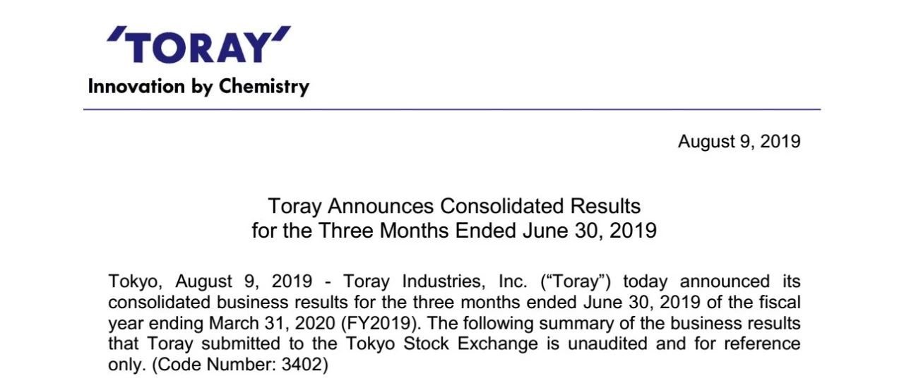 聚焦·日本东丽截至2019年6月30日的三个月综合业绩报