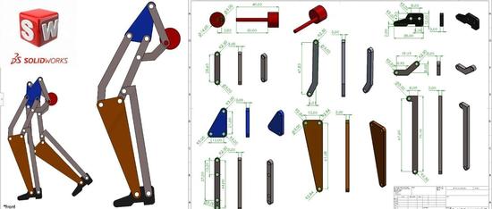 【精巧机构】步行腿仿生机构3D数模图纸 Solidworks设计 附工程图