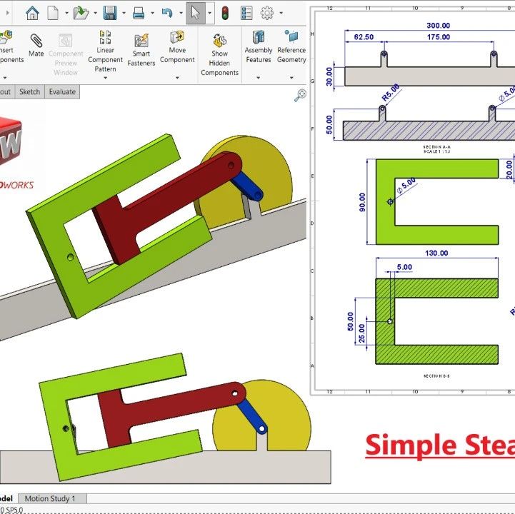 【精巧机构】蒸汽机基本机构3D数模图纸 Solidworks设计 附工程图