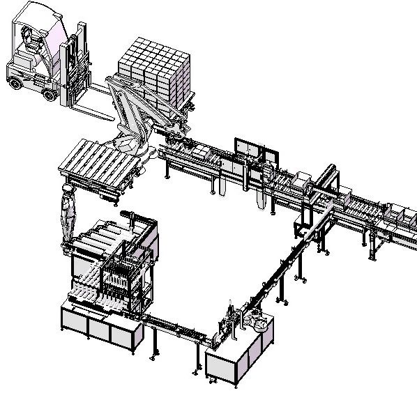 【非标数模】大型自动上下料灌装贴标搬运码垛生产线3D图纸 x_t格式