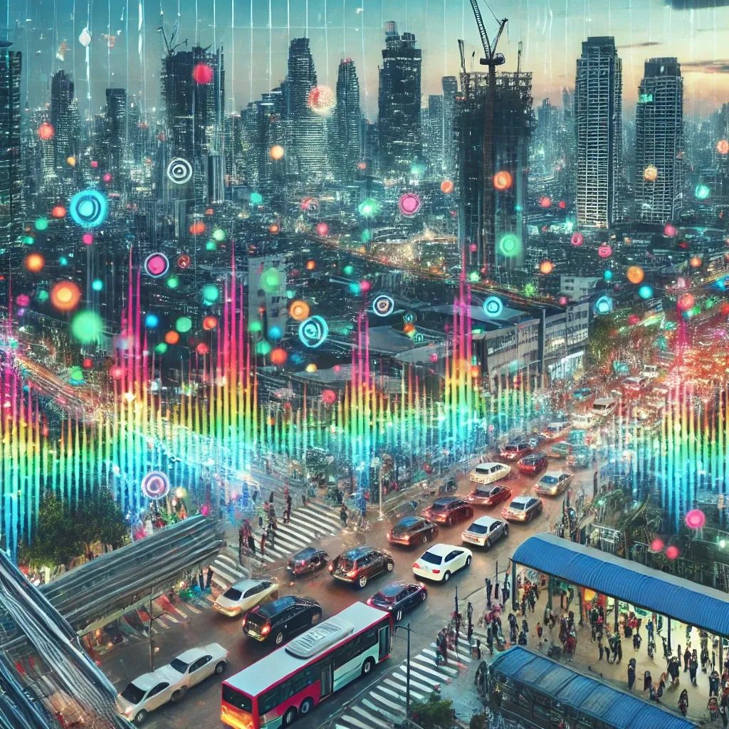 A modern cityscape with noise pollution visualization. The image shows a busy urban environment with traffic, construction sites, and industrial areas emitting sound waves, represented as colorful graphical sound waves spreading into the air. People in the city are wearing noise-canceling headphones or using sound barriers. The atmosphere illustrates the challenge of noise pollution in urban settings.