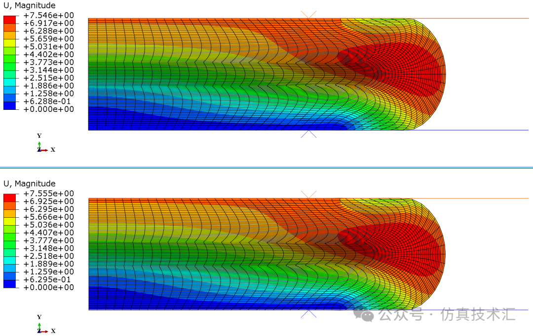 位移云图：Abaqus/Standard（上）、Abaqus/Explicit（下）