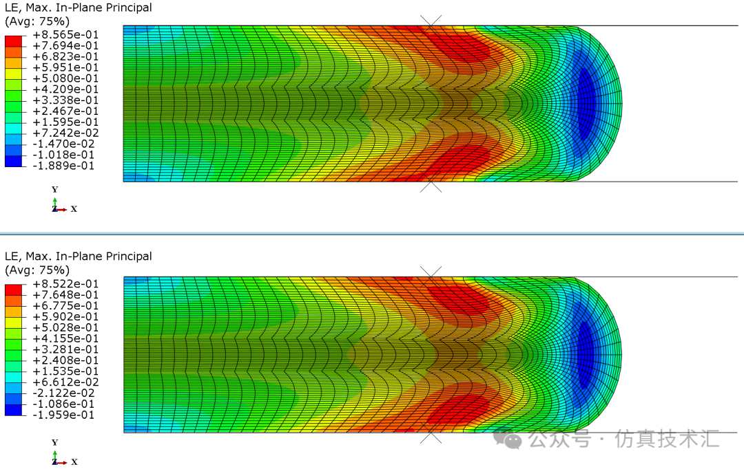 最大主应变云图：Abaqus/Standard（上）、Abaqus/Explicit（下）