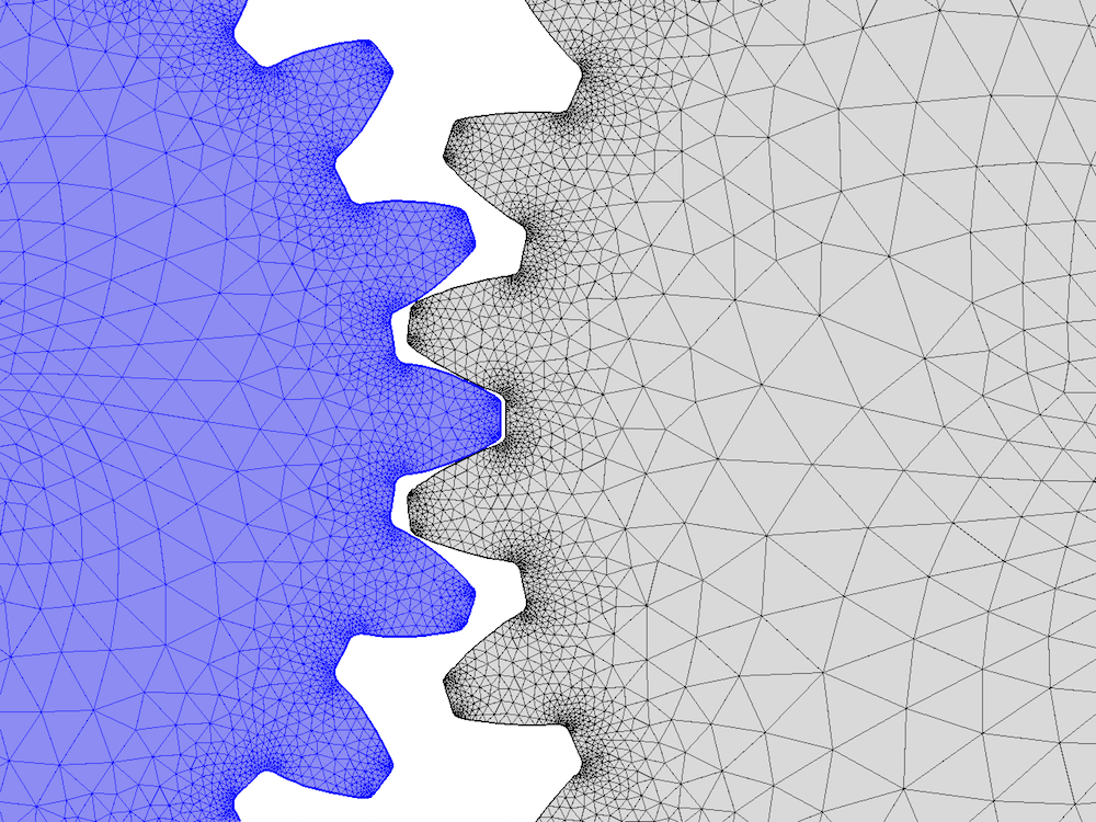 A graphic showing finite element mesh in a gear pair.