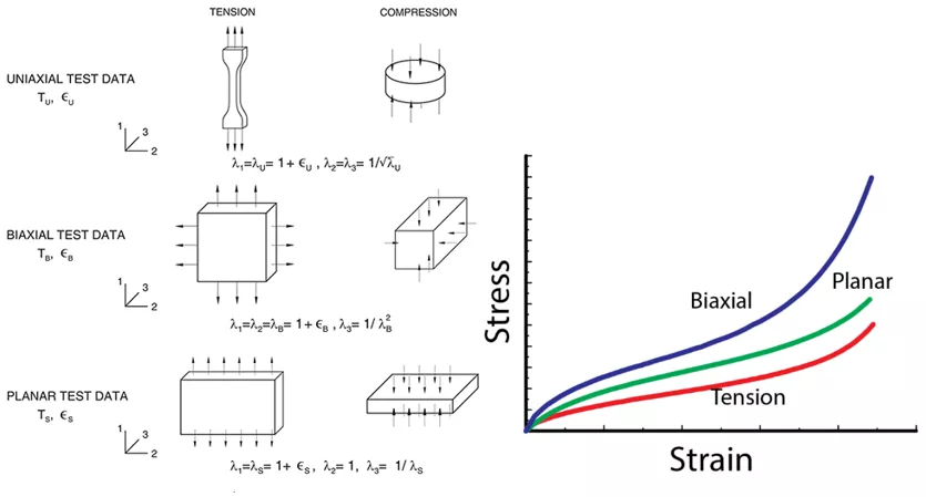 The three states of strain needed characterize an elastomer