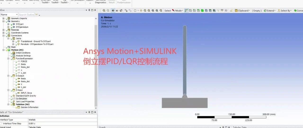 Ansys Motion 与 Simulink 联合仿真：从零打通一阶倒立摆PID和LQR控制流程