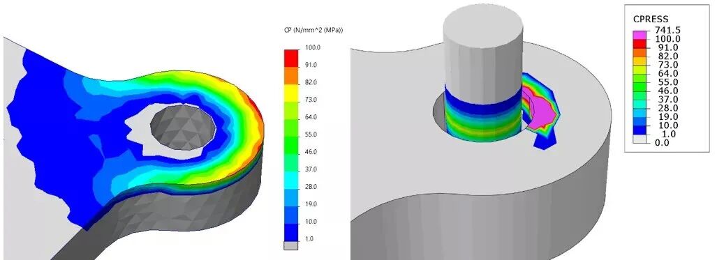 Low-Temperature Contact Pressure results on the lower plate for SOLIDWORKS (left) and Abaqus (right).