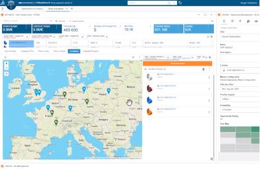 Map interface displaying Europe with various colored location pins. Sidebar shows a list of items and data analytics
