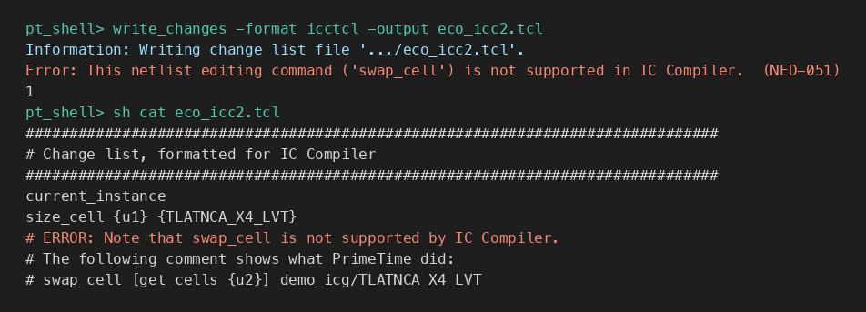 write_changes 当场报 NED-051，icctcl 文件里 swap_cell 只剩注释