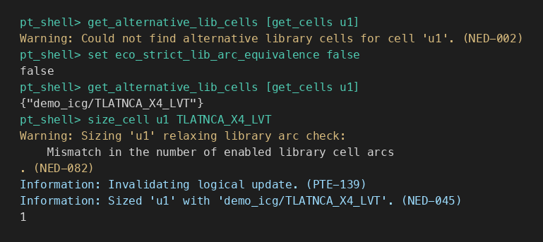 放行前后对比：get_alternative_lib_cells 从空到列出 X4，size 成功并给出 NED-082