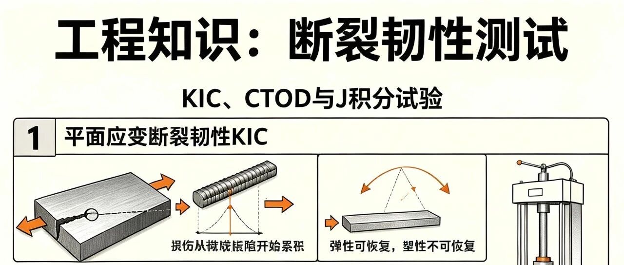 裂纹尖端应力集中、应力强度因子\(K_I\)、临界断裂条件\(K_{IC}\)、强度≠韧性。