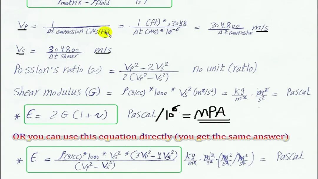 从慢度到速度，再由 ν、G 计算 E；直接公式与 E=2G(1+ν) 应得到同一结果。