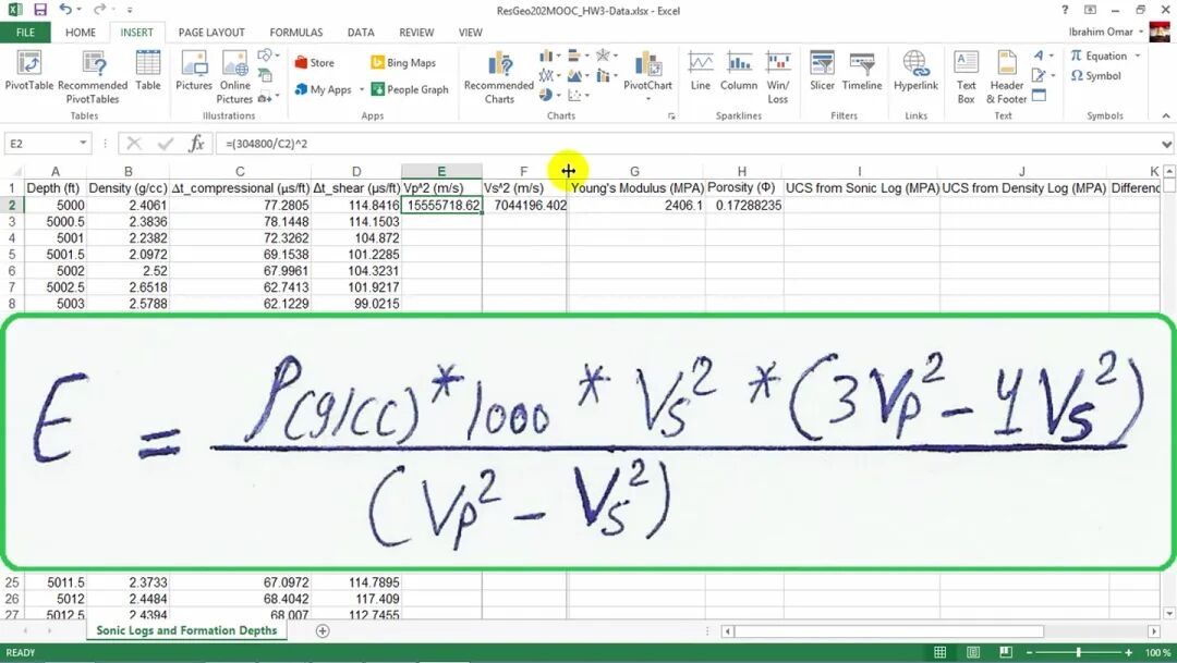 Excel 中逐列计算 Vp²、Vs²、动态 E，并明确把最终模量换算为 MPa。