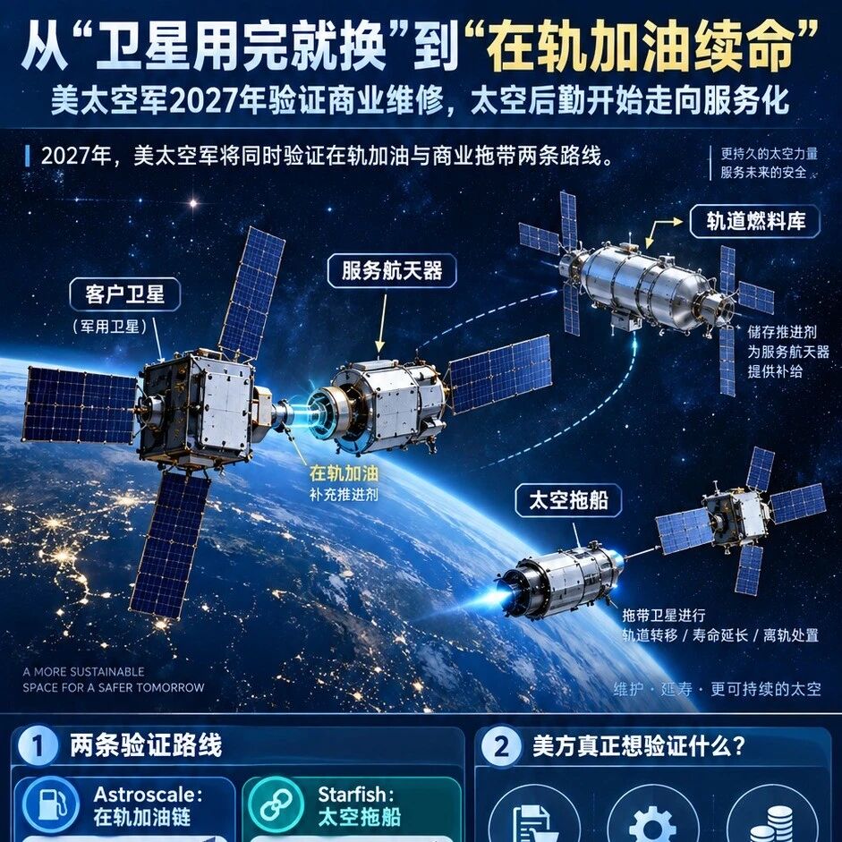 从“卫星用完就换”到“在轨加油续命”：美太空军2027年验证商业维修，太空后勤开始走向服务化