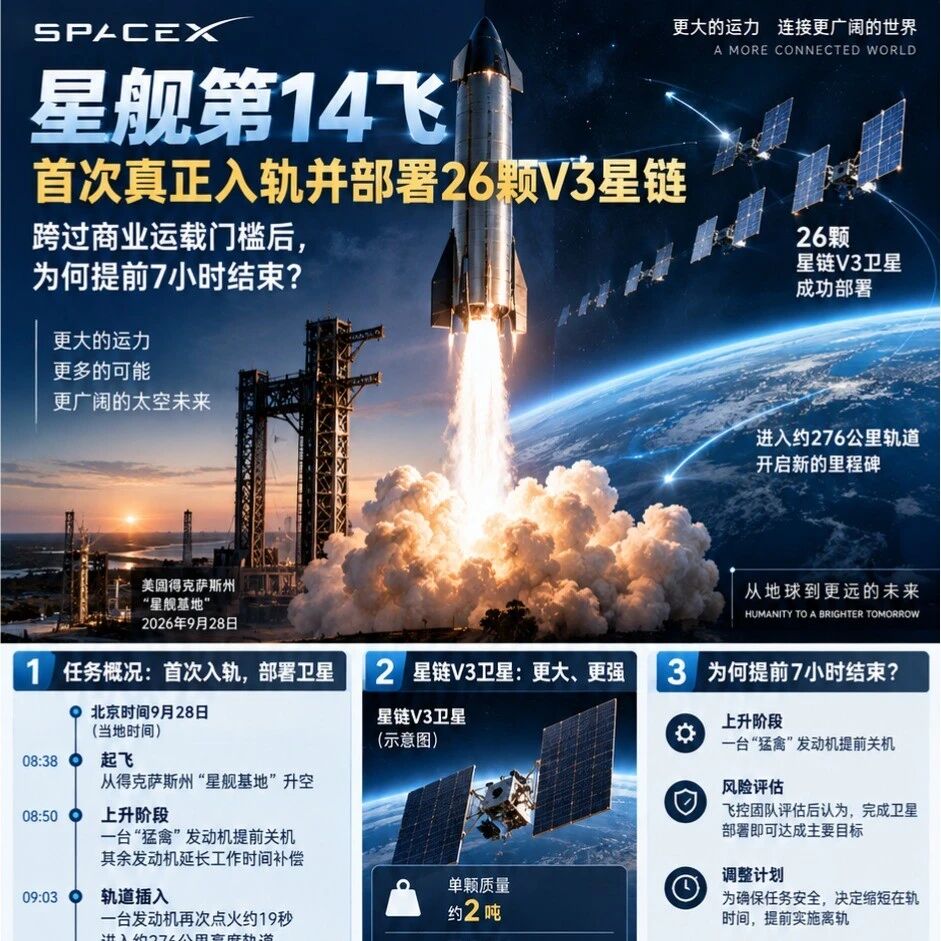 星舰首次真正入轨并部署26颗V3星链：跨过商业运载门槛后，为何提前7小时返航？