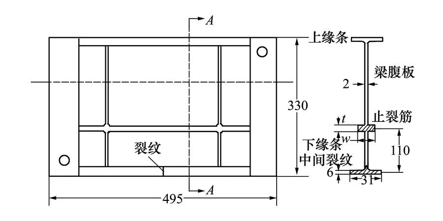 带止裂筋翼梁试验件几何构型（右为截面示意）