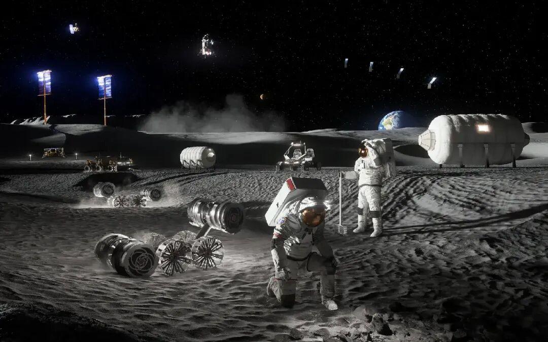 3D rendering of astronauts surrounded by several rovers, shelter pods and solar panels while working on Earth\u2019s moon.
