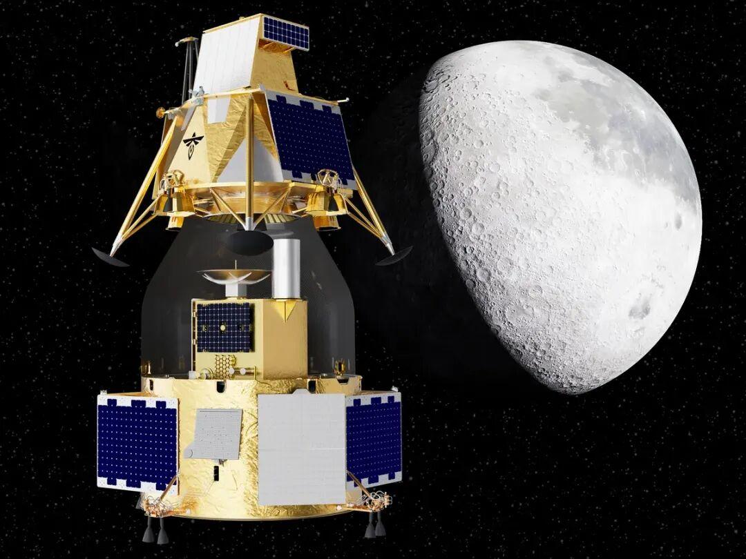 3D rendering of a lunar lander stacked onto an orbiter vehicle, with Earth’s moon featured prominently in the background.
