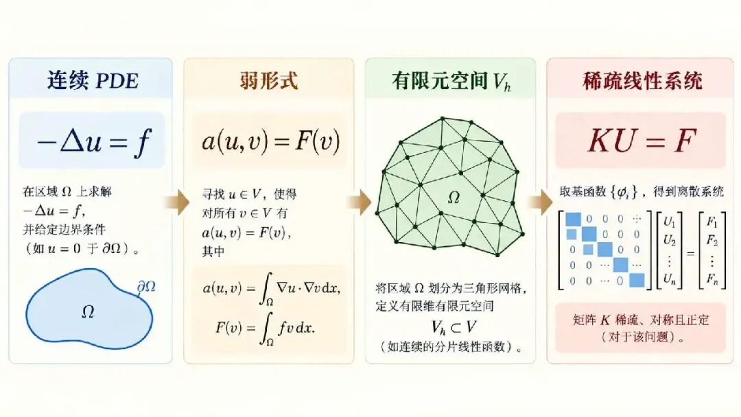 图 6：有限元通常从弱形式出发；刚度矩阵就是双线性型在有限维基函数上的坐标表示。