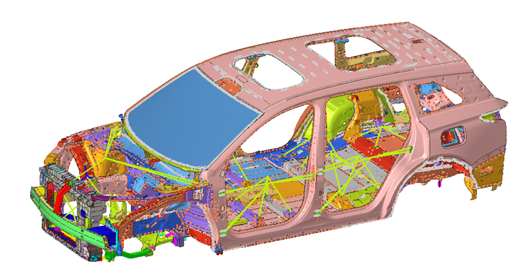 汽车白车身整车网格划分、焊点胶粘焊缝连接。HYpermesh/ANSA/Nastran/simcenter3D